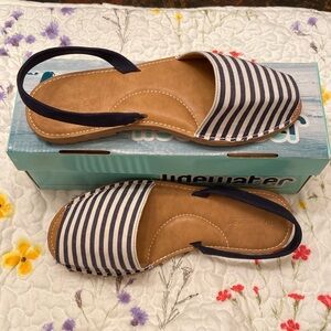 New with Box Tidewater Sandals Uptown Boca Navy White Striped WM SZ 10W
